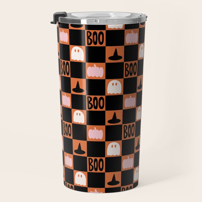 Halloween Checkered Print in Orange Travel Mug Gallery Image 3