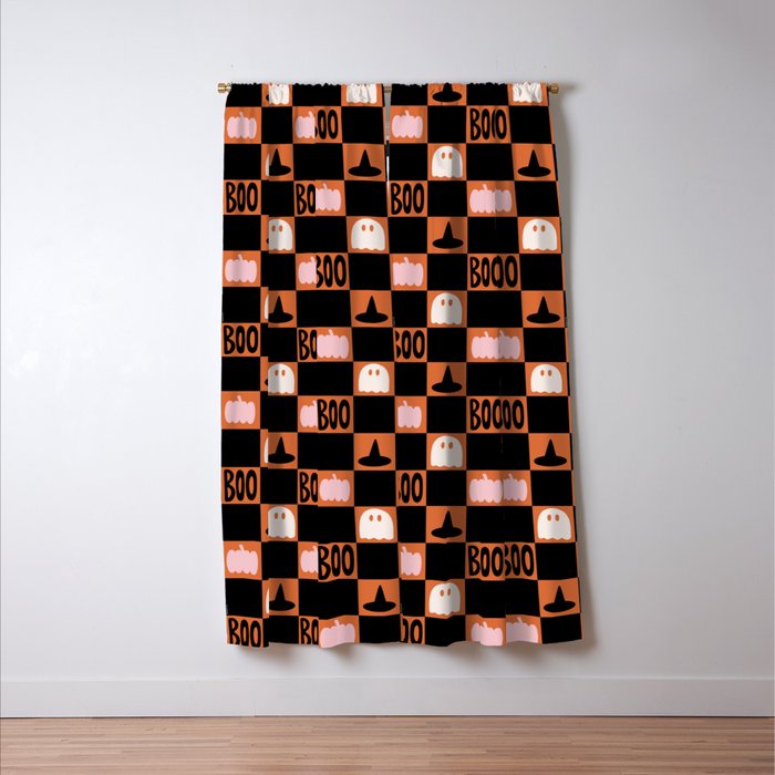 Halloween Checkered Print in Orange Window Curtain Gallery Image 3