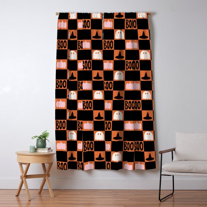 Halloween Checkered Print in Orange Window Curtain Gallery Image 1