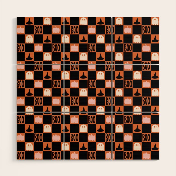 Halloween Checkered Print in Orange Wood Wall Art Gallery Image 1