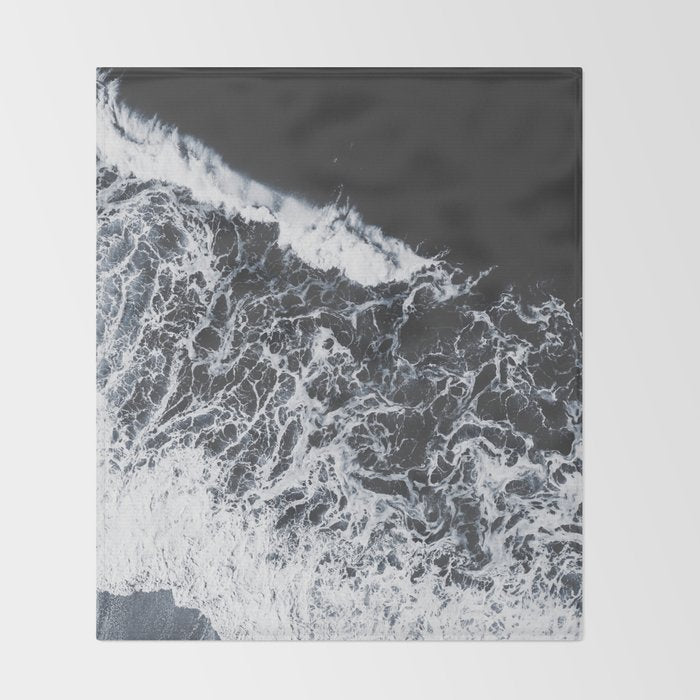 Aerial Ocean - Black and White Sea - Crashing Waves - Travel photography Throw Blanket Gallery Image 2
