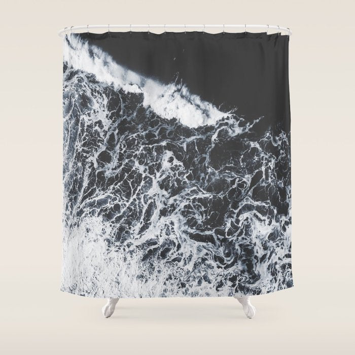 Aerial Ocean - Black and White Sea - Crashing Waves - Travel photography Shower Curtain Gallery Image 1