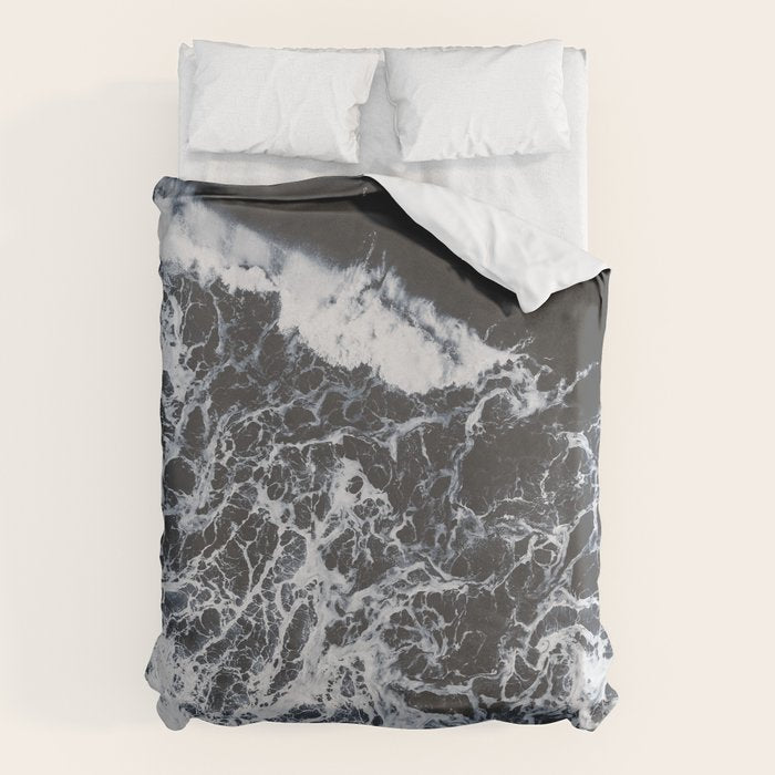 Aerial Ocean - Black and White Sea - Crashing Waves - Travel photography Duvet Cover Gallery Image 1