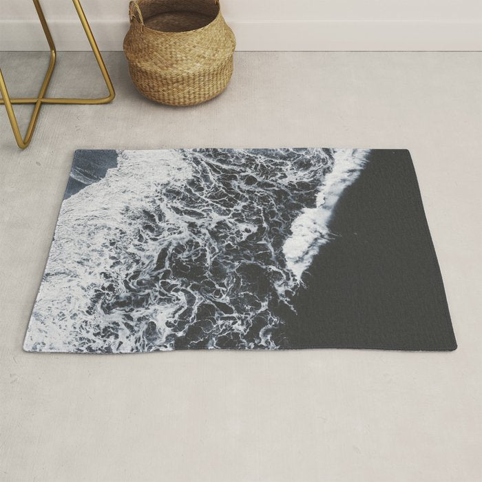 Aerial Ocean - Black and White Sea - Crashing Waves - Travel photography Rug Gallery Image 1