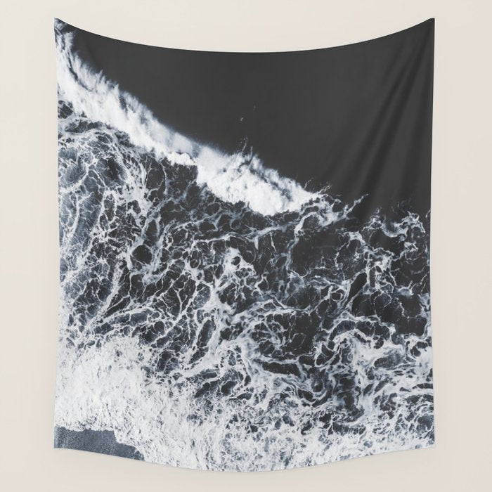 Aerial Ocean - Black and White Sea - Crashing Waves - Travel photography Wall Tapestry Gallery Image 4