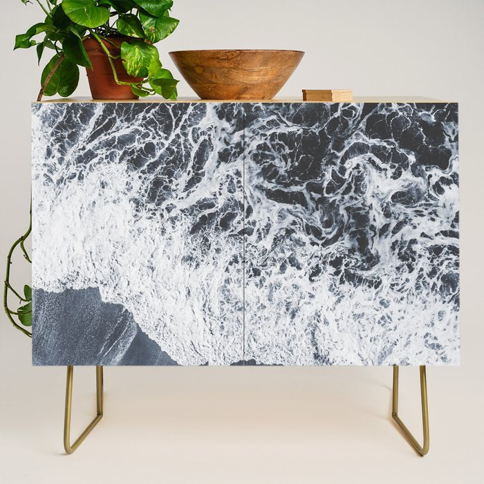 Aerial Ocean - Black and White Sea - Crashing Waves - Travel photography Credenza Gallery Image 1