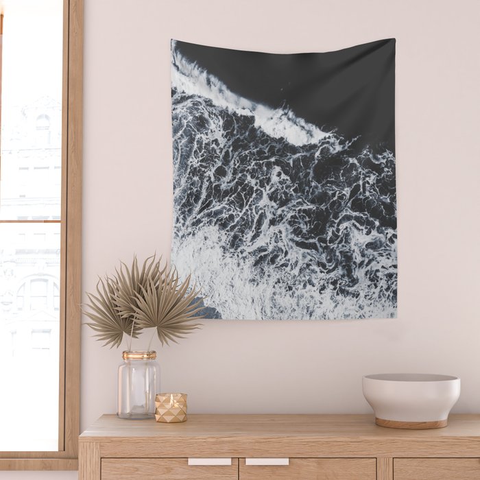Aerial Ocean - Black and White Sea - Crashing Waves - Travel photography Wall Tapestry Gallery Image 2