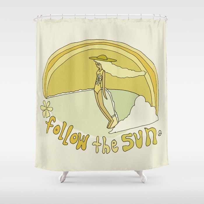 follow the sun lady slide // retro surf art by surfy birdy Shower Curtain Gallery Image 1