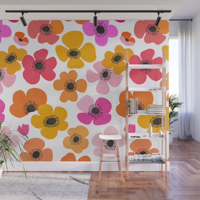 Midcentury Playful Botanical Bold Multicolor Retro Flowers White Wall Mural Gallery Image 1