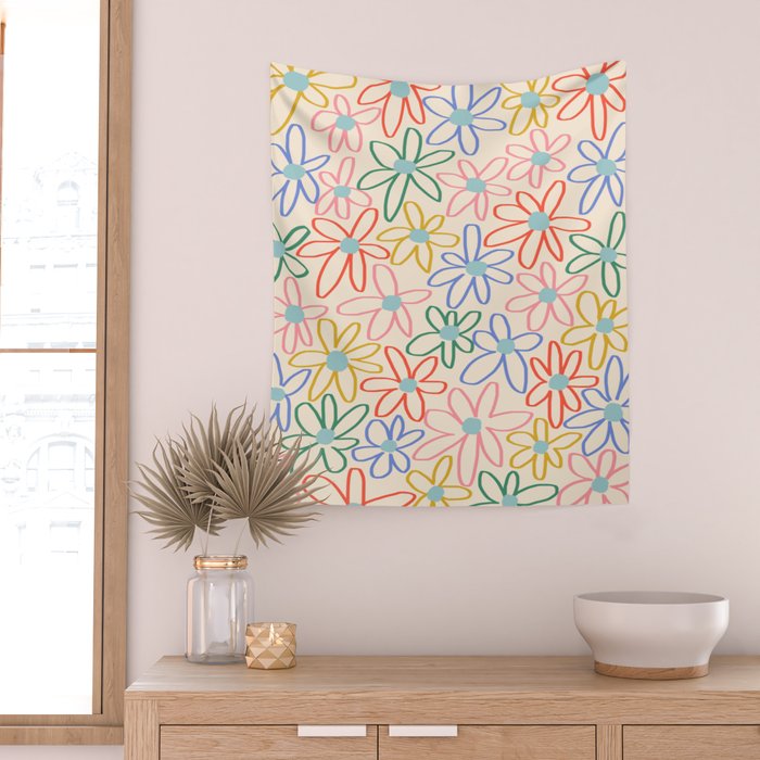 Joyful Flower Lines - rainbow Wall Tapestry Gallery Image 2