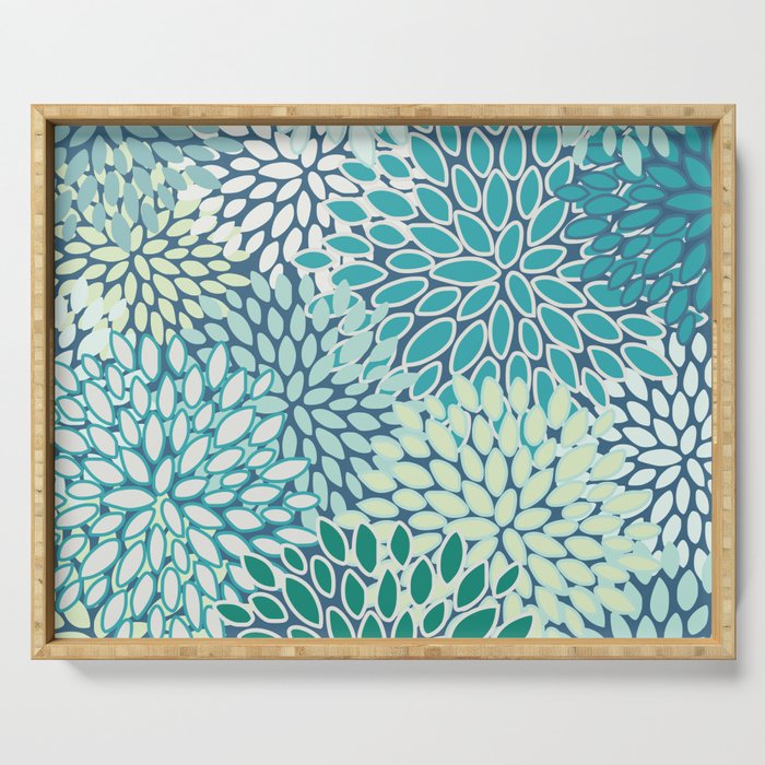 Christmas, Floral Prints, Teal, Blue and Green, Colour Prints Serving Tray Gallery Image 1