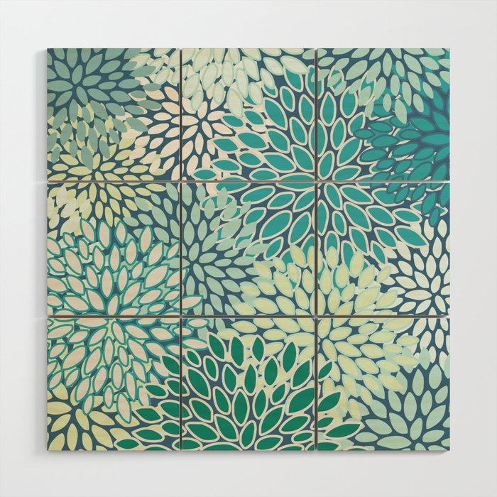 Christmas, Floral Prints, Teal, Blue and Green, Colour Prints Wood Wall Art Gallery Image 1
