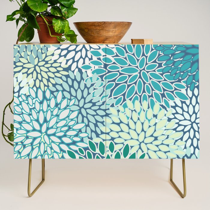 Christmas, Floral Prints, Teal, Blue and Green, Colour Prints Credenza Gallery Image 1