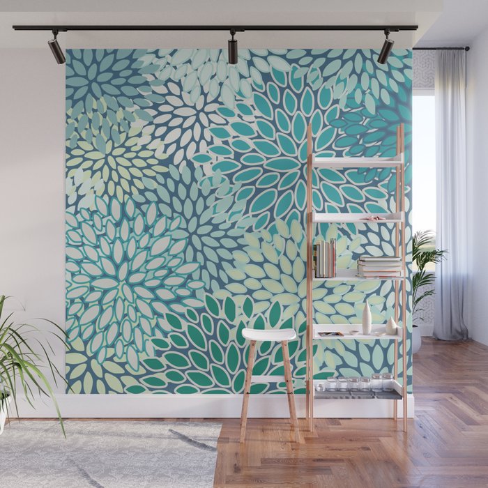 Christmas, Floral Prints, Teal, Blue and Green, Colour Prints Wall Mural Gallery Image 1