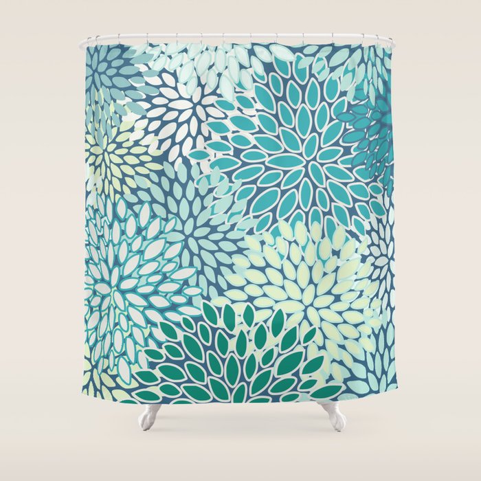 Christmas, Floral Prints, Teal, Blue and Green, Colour Prints Shower Curtain Gallery Image 1