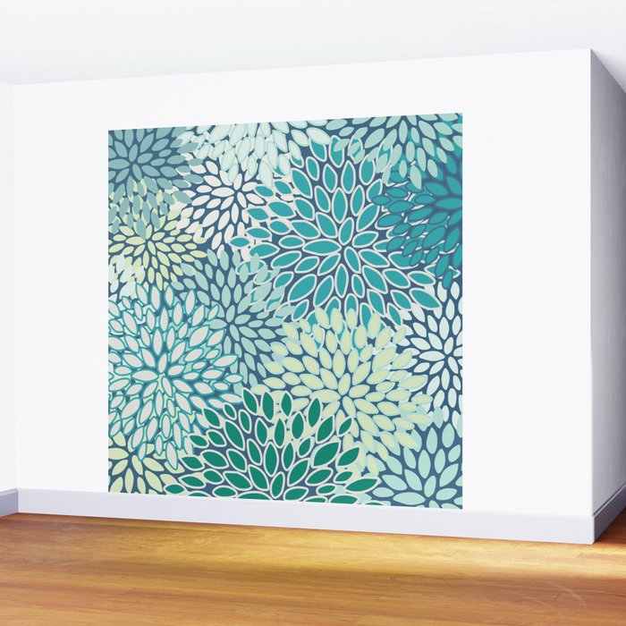 Christmas, Floral Prints, Teal, Blue and Green, Colour Prints Wall Mural Gallery Image 2