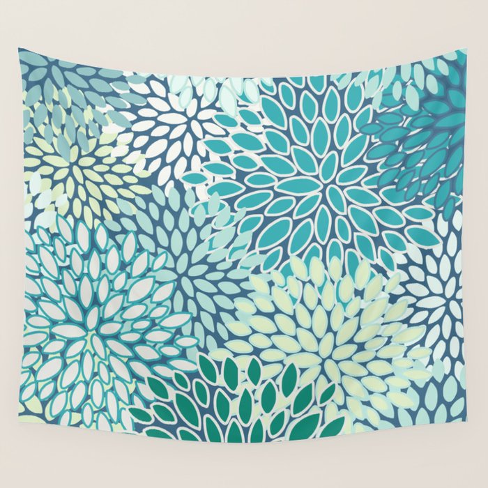 Christmas, Floral Prints, Teal, Blue and Green, Colour Prints Wall Tapestry Gallery Image 1