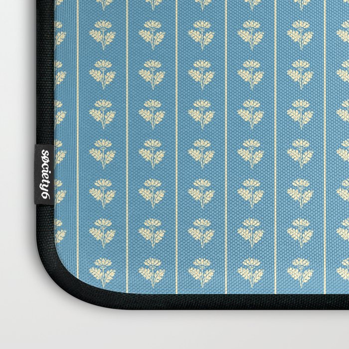 Cozy Vintage Cottage Flowers and Stripes Pattern in Eclectic Blue and Cream Laptop Sleeve Gallery Image 3