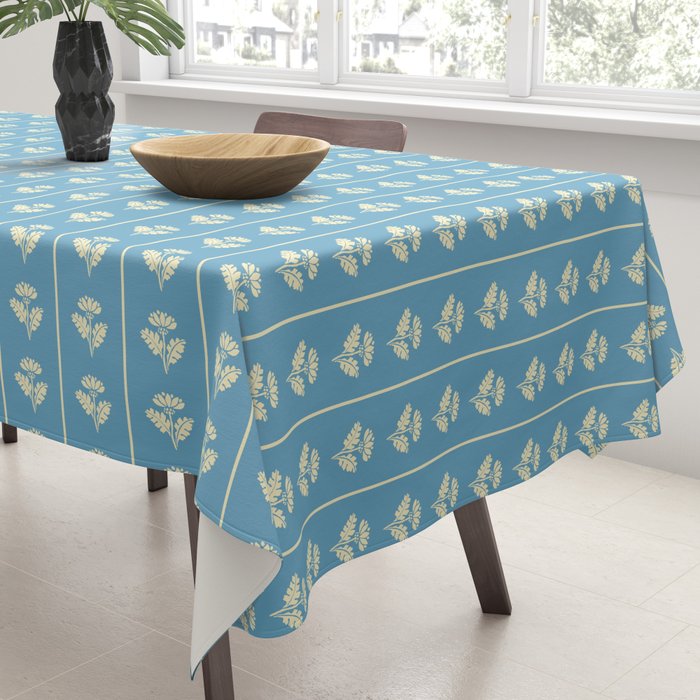 Cozy Vintage Cottage Flowers and Stripes Pattern in Eclectic Blue and Cream Tablecloth Gallery Image 3