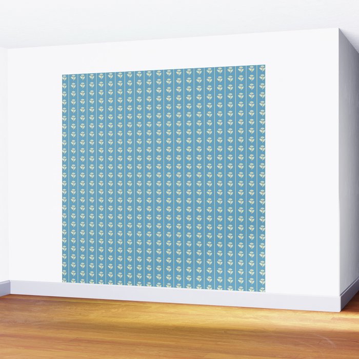 Cozy Vintage Cottage Flowers and Stripes Pattern in Eclectic Blue and Cream Wall Mural Gallery Image 2