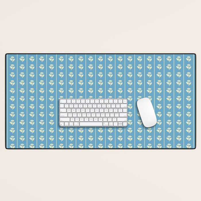 Cozy Vintage Cottage Flowers and Stripes Pattern in Eclectic Blue and Cream Desk Mat Gallery Image 1