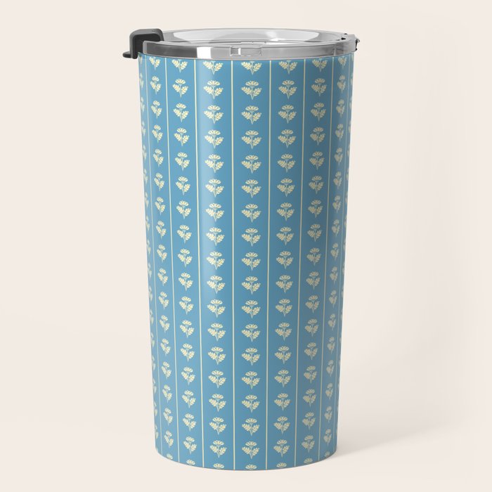 Cozy Vintage Cottage Flowers and Stripes Pattern in Eclectic Blue and Cream Travel Mug Gallery Image 3