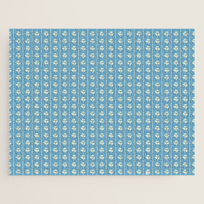 Cozy Vintage Cottage Flowers and Stripes Pattern in Eclectic Blue and Cream Jigsaw Puzzle Gallery Image 1