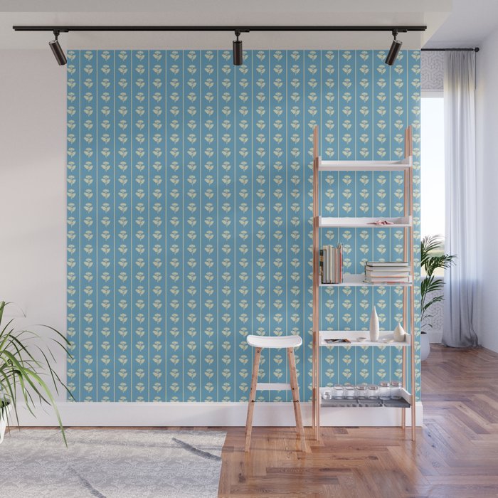 Cozy Vintage Cottage Flowers and Stripes Pattern in Eclectic Blue and Cream Wall Mural Gallery Image 1