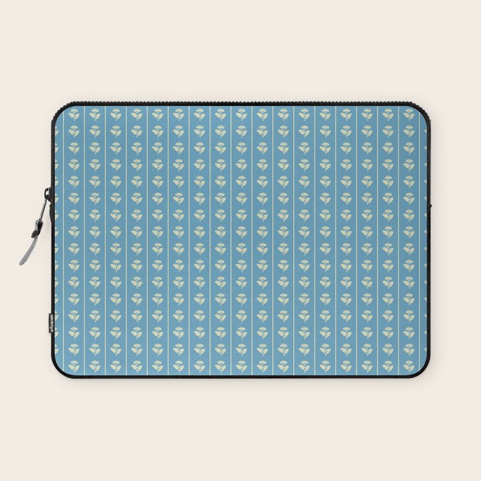 Cozy Vintage Cottage Flowers and Stripes Pattern in Eclectic Blue and Cream Laptop Sleeve Gallery Image 1