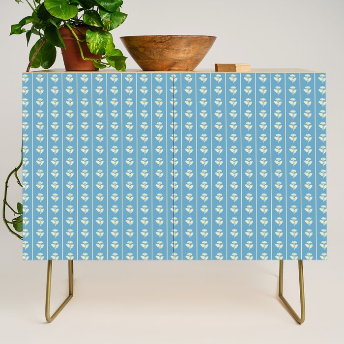 Cozy Vintage Cottage Flowers and Stripes Pattern in Eclectic Blue and Cream Credenza Gallery Image 1