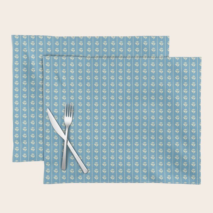 Cozy Vintage Cottage Flowers and Stripes Pattern in Eclectic Blue and Cream Placemat Gallery Image 1