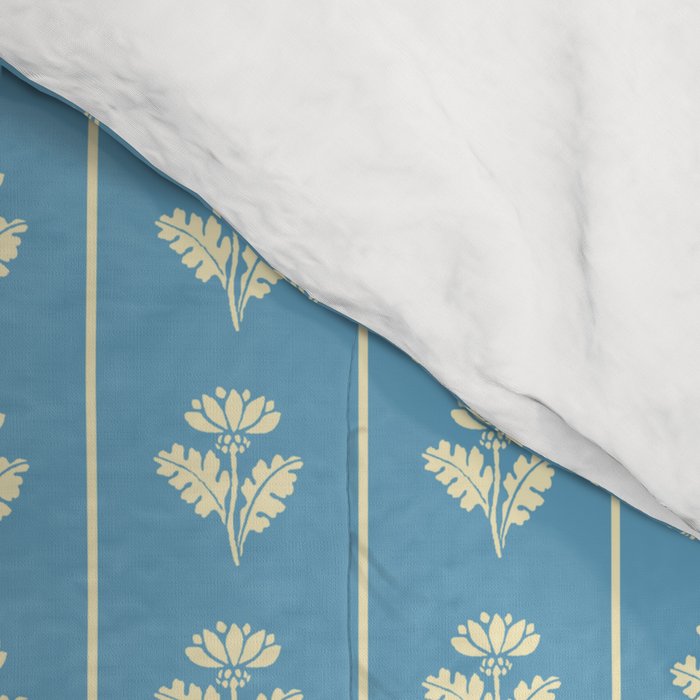 Cozy Vintage Cottage Flowers and Stripes Pattern in Eclectic Blue and Cream Comforter Gallery Image 4