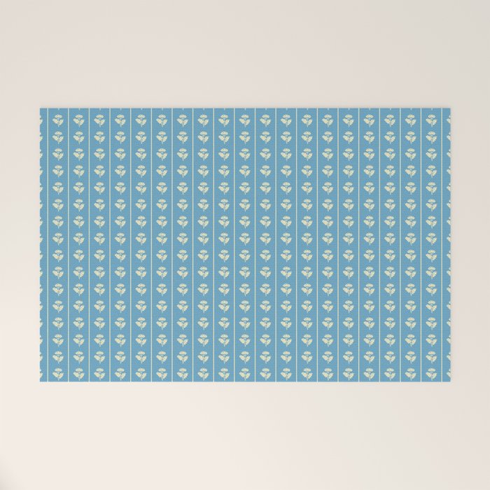 Cozy Vintage Cottage Flowers and Stripes Pattern in Eclectic Blue and Cream Welcome Mat Gallery Image 1