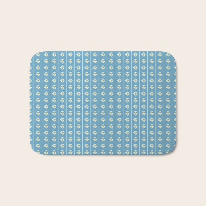 Cozy Vintage Cottage Flowers and Stripes Pattern in Eclectic Blue and Cream Bath Mat Gallery Image 1