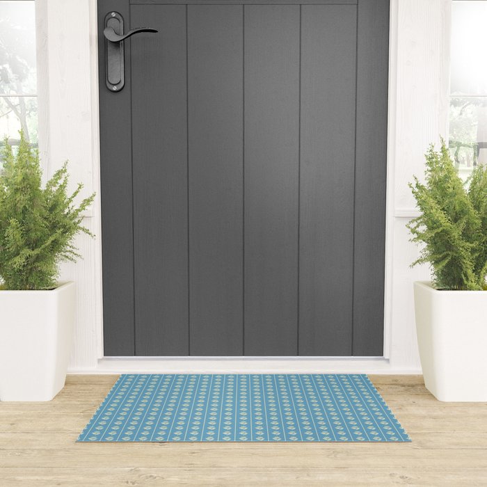 Cozy Vintage Cottage Flowers and Stripes Pattern in Eclectic Blue and Cream Welcome Mat Gallery Image 3