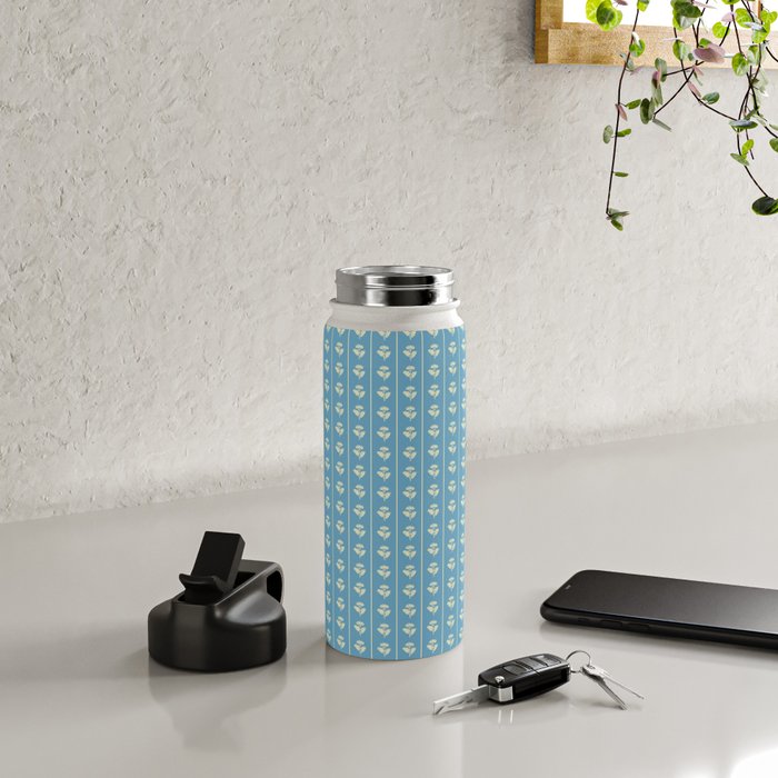 Cozy Vintage Cottage Flowers and Stripes Pattern in Eclectic Blue and Cream Water Bottle Gallery Image 4