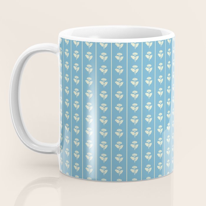 Cozy Vintage Cottage Flowers and Stripes Pattern in Eclectic Blue and Cream Coffee Mug Gallery Image 3