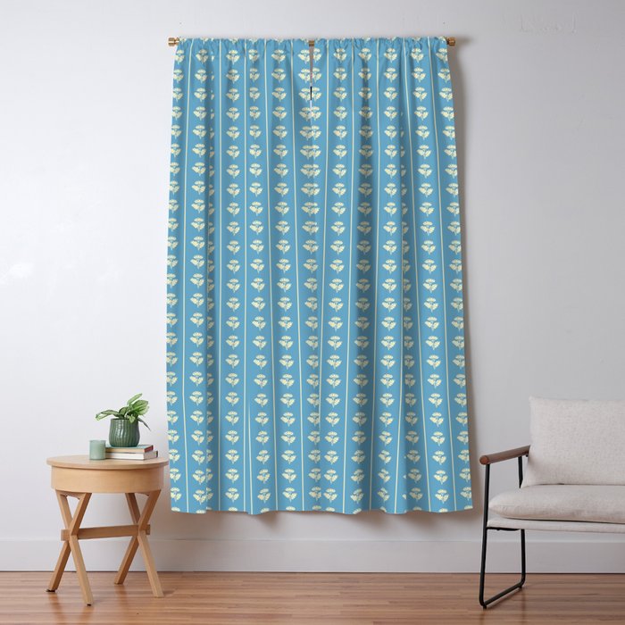 Cozy Vintage Cottage Flowers and Stripes Pattern in Eclectic Blue and Cream Window Curtain Gallery Image 5
