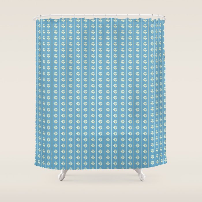 Cozy Vintage Cottage Flowers and Stripes Pattern in Eclectic Blue and Cream Shower Curtain Gallery Image 1