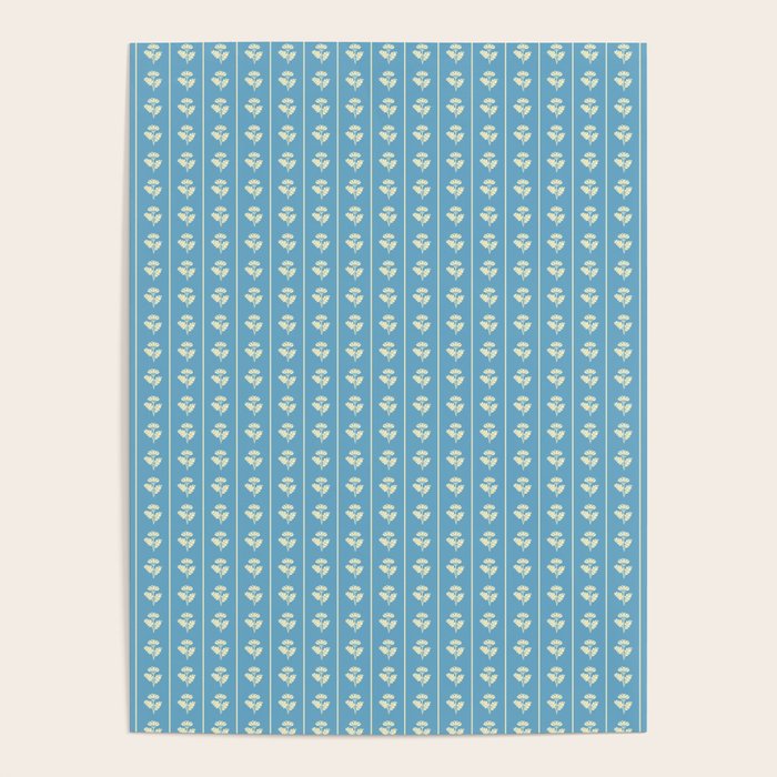 Cozy Vintage Cottage Flowers and Stripes Pattern in Eclectic Blue and Cream Poster Gallery Image 4