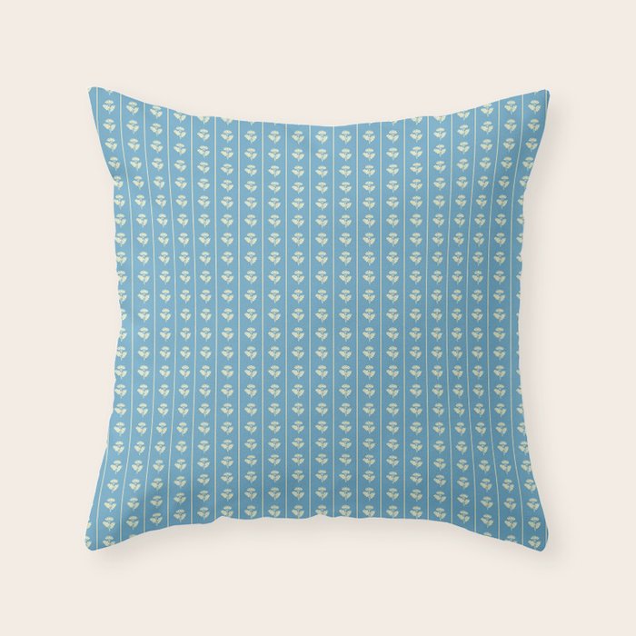 Cozy Vintage Cottage Flowers and Stripes Pattern in Eclectic Blue and Cream Throw Pillow Gallery Image 1