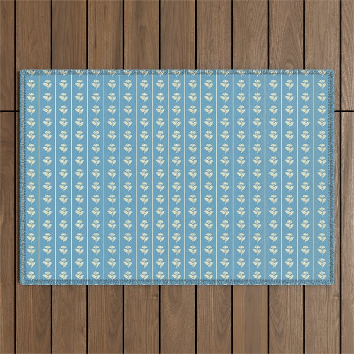Cozy Vintage Cottage Flowers and Stripes Pattern in Eclectic Blue and Cream Outdoor Rug Gallery Image 1