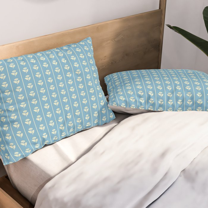 Cozy Vintage Cottage Flowers and Stripes Pattern in Eclectic Blue and Cream Pillow Sham Gallery Image 2
