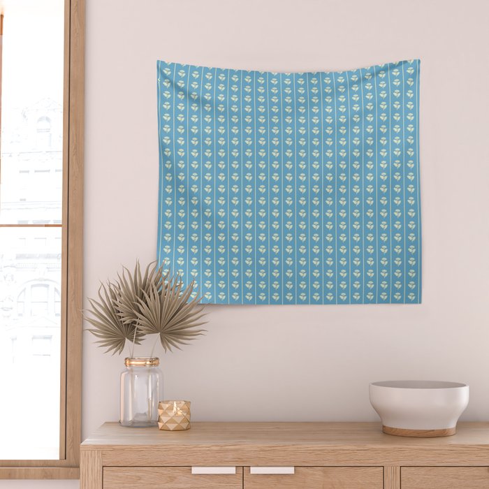 Cozy Vintage Cottage Flowers and Stripes Pattern in Eclectic Blue and Cream Wall Tapestry Gallery Image 2