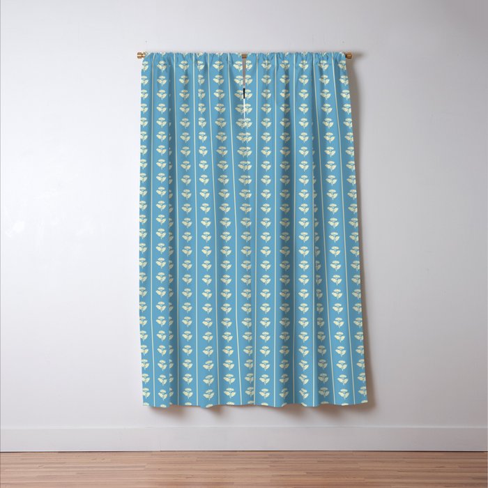 Cozy Vintage Cottage Flowers and Stripes Pattern in Eclectic Blue and Cream Window Curtain Gallery Image 3