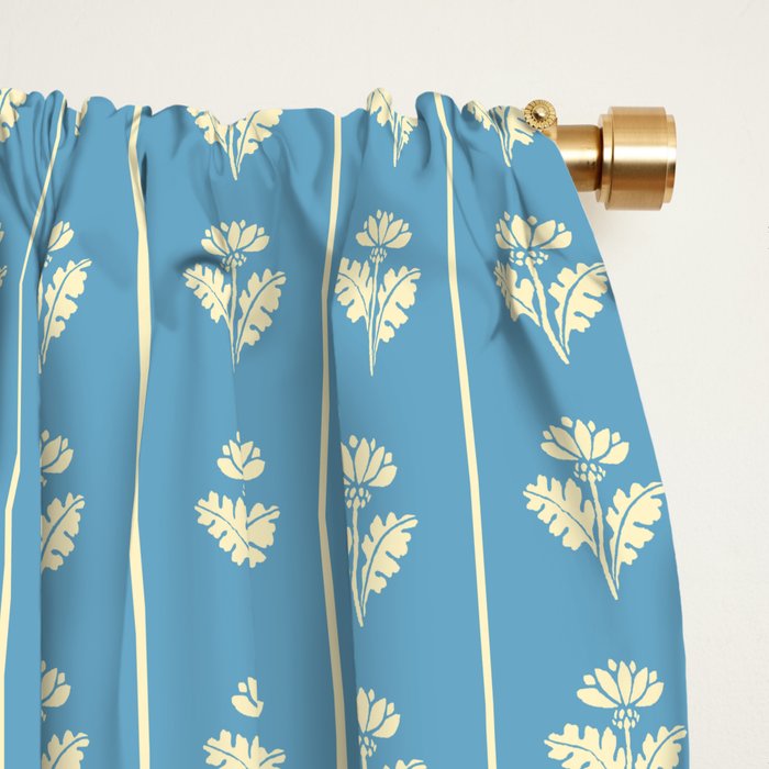 Cozy Vintage Cottage Flowers and Stripes Pattern in Eclectic Blue and Cream Window Curtain Gallery Image 2
