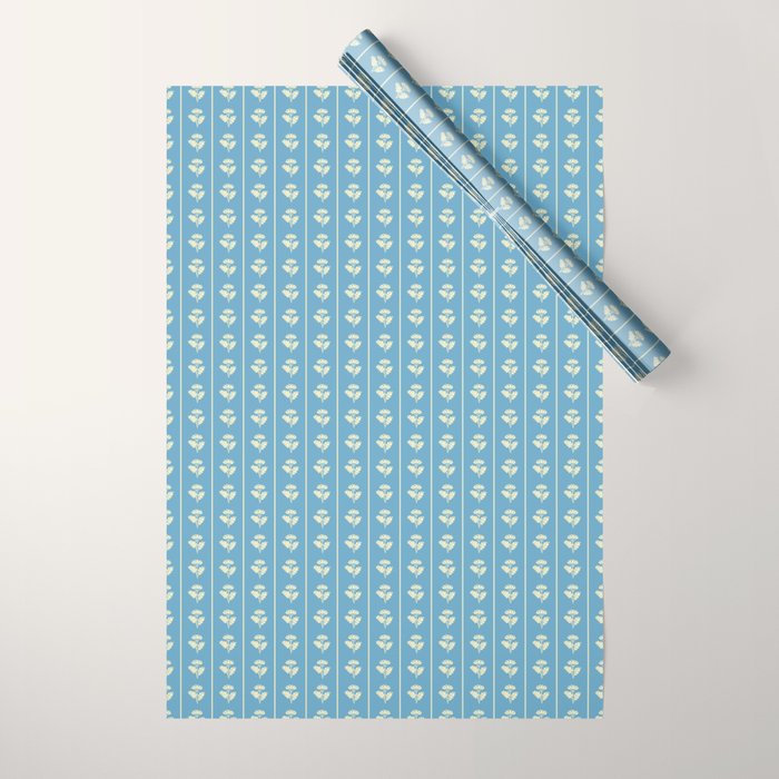 Cozy Vintage Cottage Flowers and Stripes Pattern in Eclectic Blue and Cream Wrapping Paper Gallery Image 1