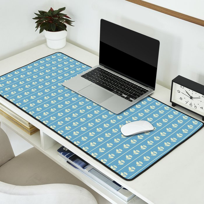 Cozy Vintage Cottage Flowers and Stripes Pattern in Eclectic Blue and Cream Desk Mat Gallery Image 2