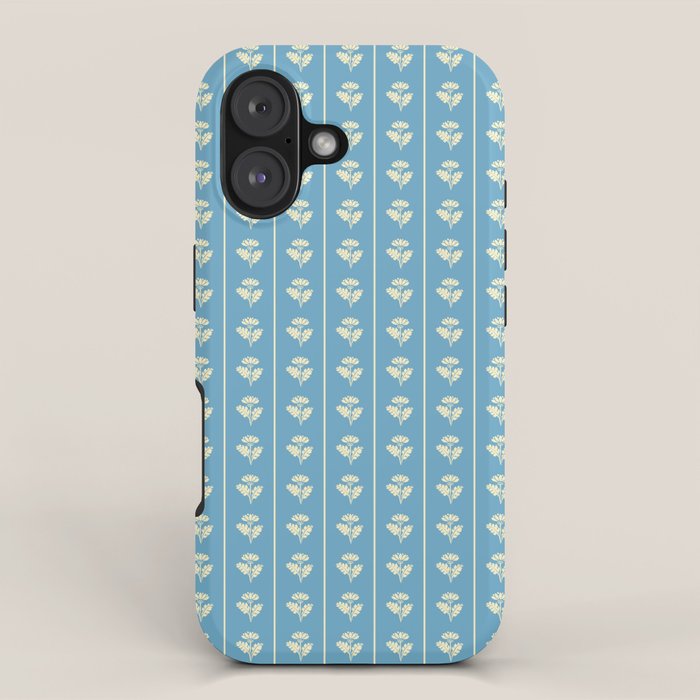 Cozy Vintage Cottage Flowers and Stripes Pattern in Eclectic Blue and Cream iPhone Case Gallery Image 1