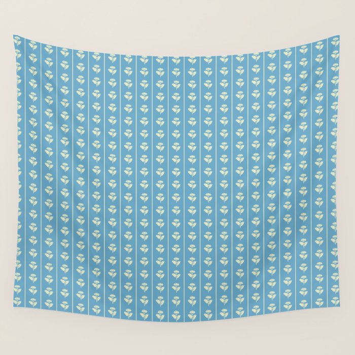 Cozy Vintage Cottage Flowers and Stripes Pattern in Eclectic Blue and Cream Wall Tapestry Gallery Image 4